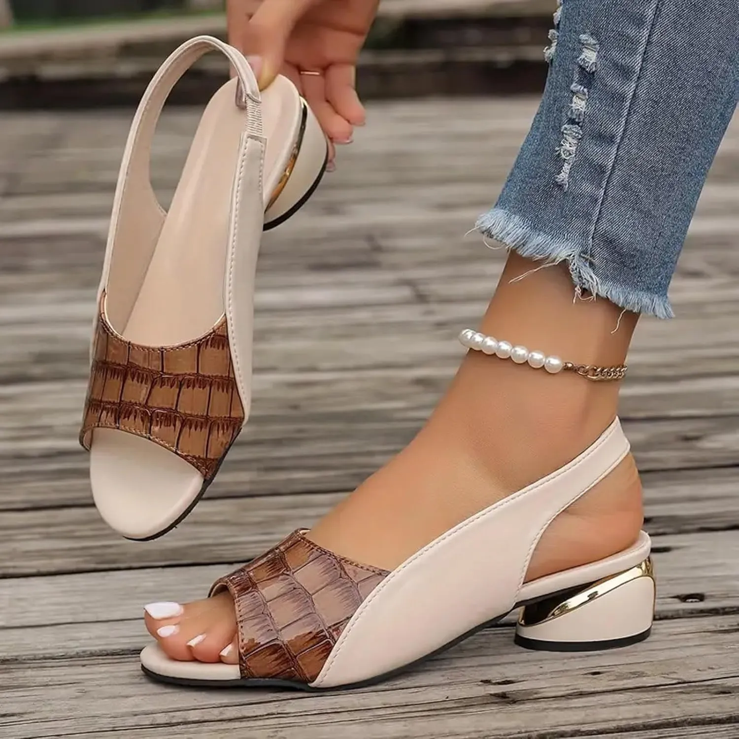 Party Dress Shoes Chunky Heel Fish Mouth Women's Sandals Fashionable Casual Outer Wear Leather Adjustable Strap Slip On
