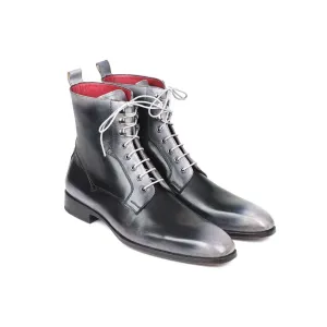 Paul Parkman Handmade Designer Shoes Men's Gray Burnished Leather Lace-Up Boots (PM5866)