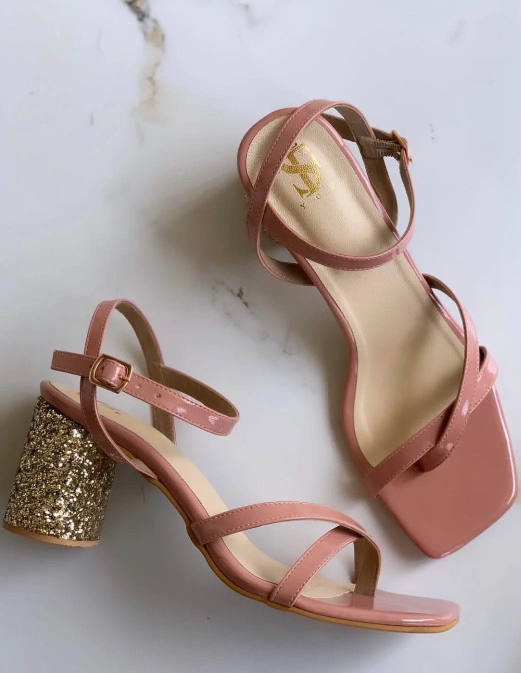 Peach Patent Shimmer block heels