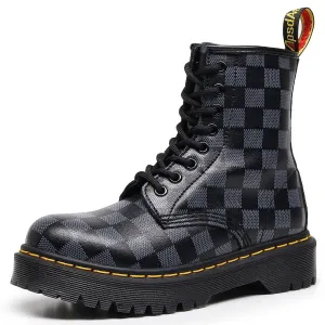 PEOPLETERRITORY High-top 1460 tooling boots women's plaid splicing medium and platform short boots men's and women's glossy leather boots round-head locomotive shoes