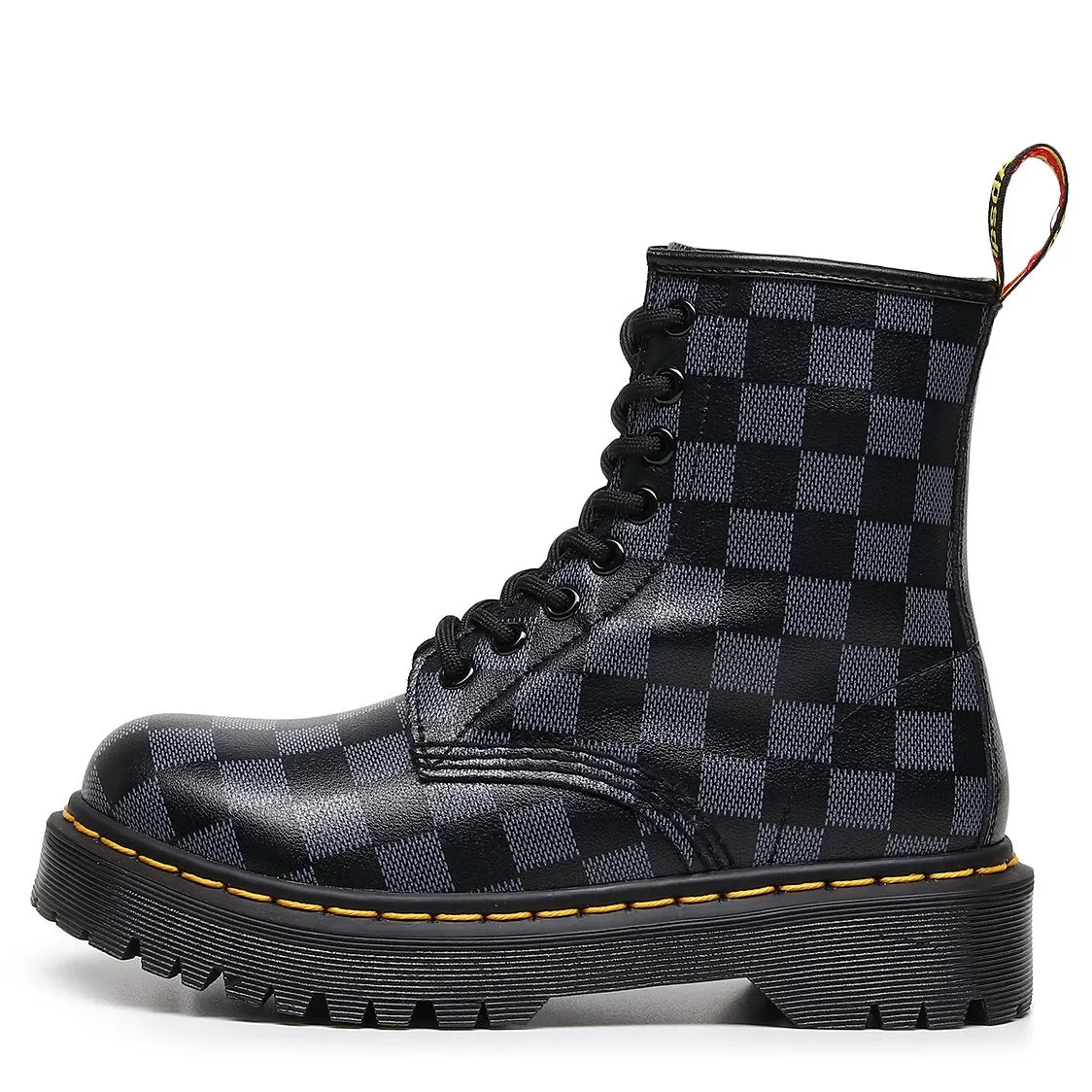 PEOPLETERRITORY High-top 1460 tooling boots women's plaid splicing medium and platform short boots men's and women's glossy leather boots round-head locomotive shoes
