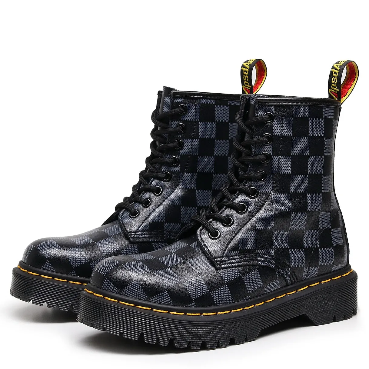 PEOPLETERRITORY High-top 1460 tooling boots women's plaid splicing medium and platform short boots men's and women's glossy leather boots round-head locomotive shoes