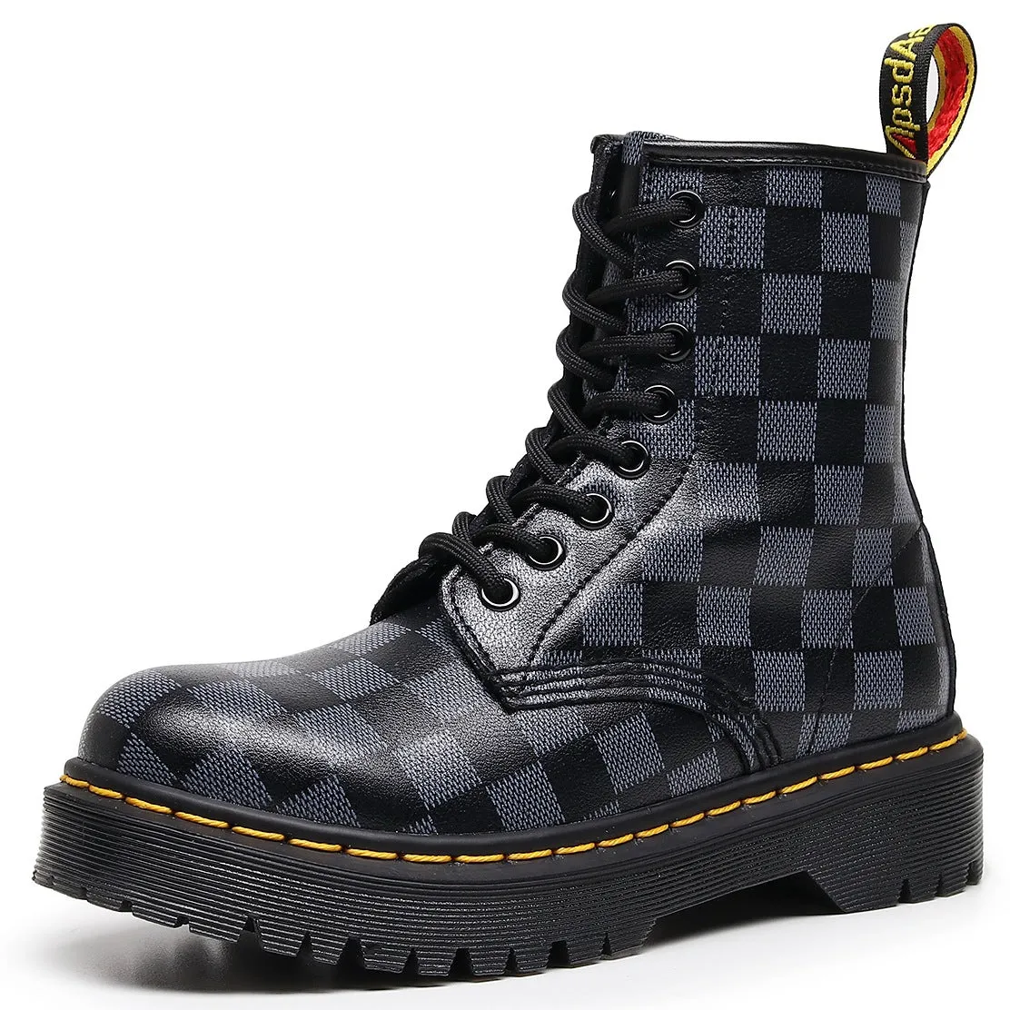PEOPLETERRITORY High-top 1460 tooling boots women's plaid splicing medium and platform short boots men's and women's glossy leather boots round-head locomotive shoes