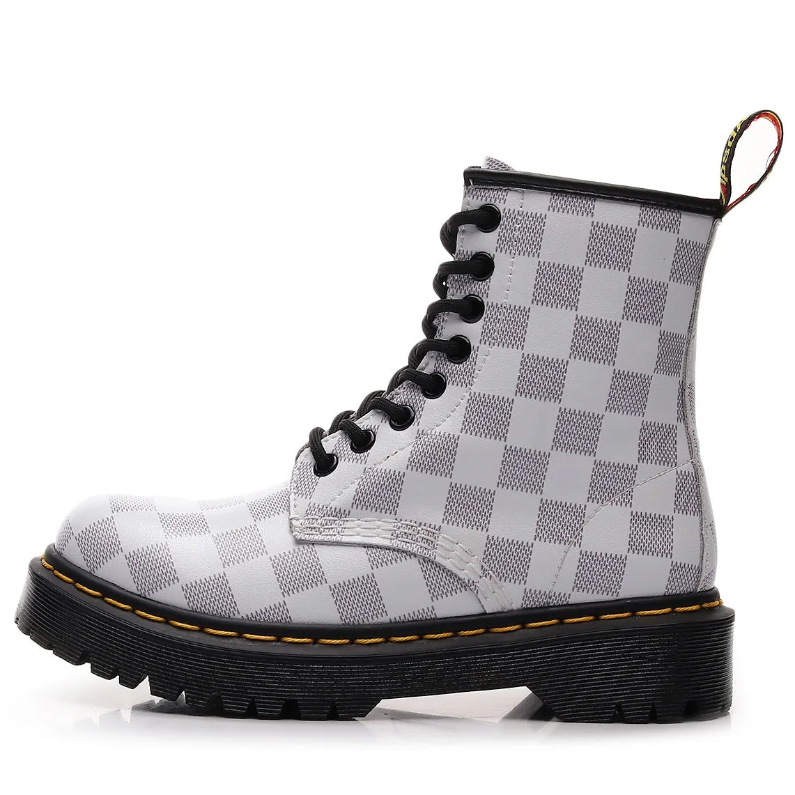 PEOPLETERRITORY High-top 1460 tooling boots women's plaid splicing medium and platform short boots men's and women's glossy leather boots round-head locomotive shoes