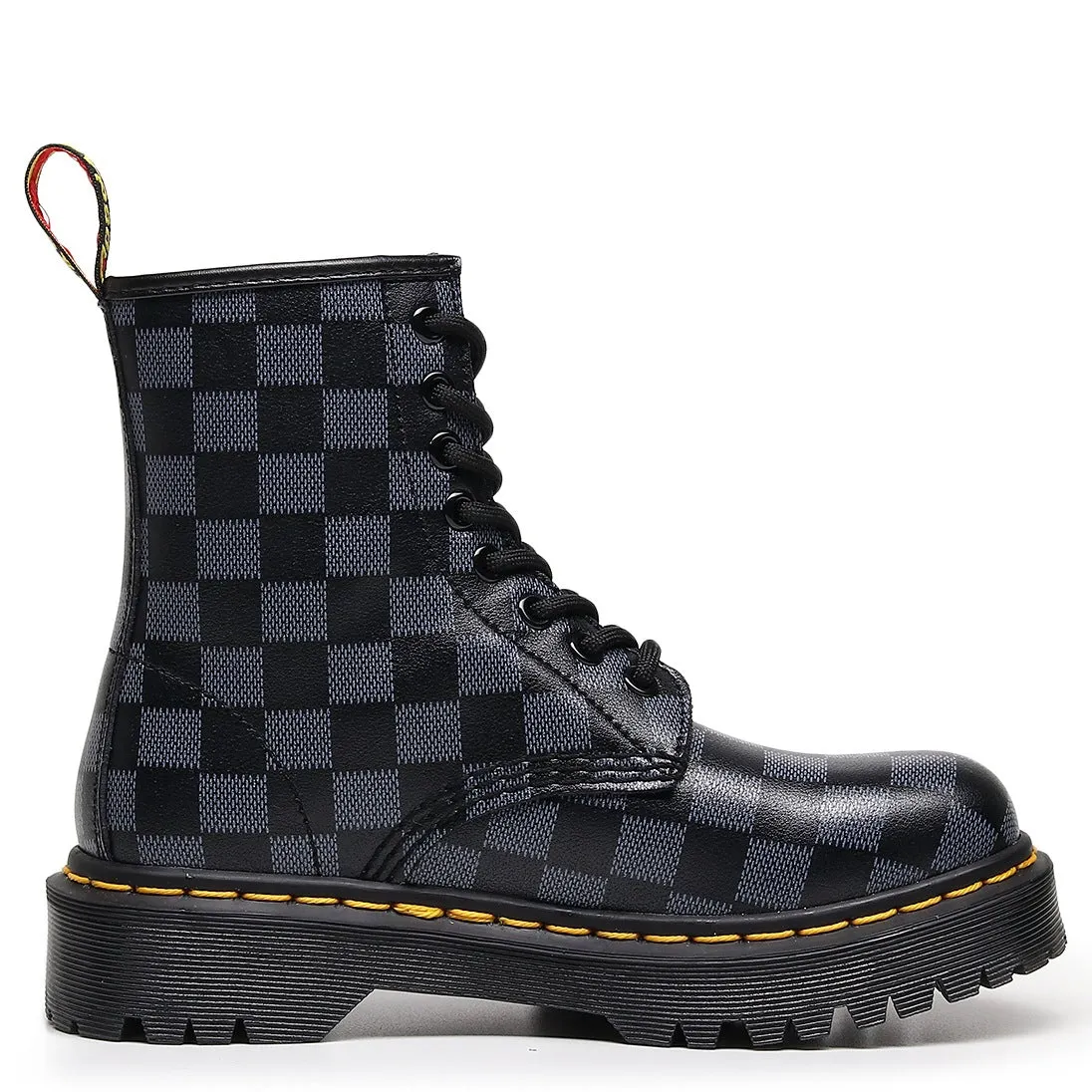 PEOPLETERRITORY High-top 1460 tooling boots women's plaid splicing medium and platform short boots men's and women's glossy leather boots round-head locomotive shoes
