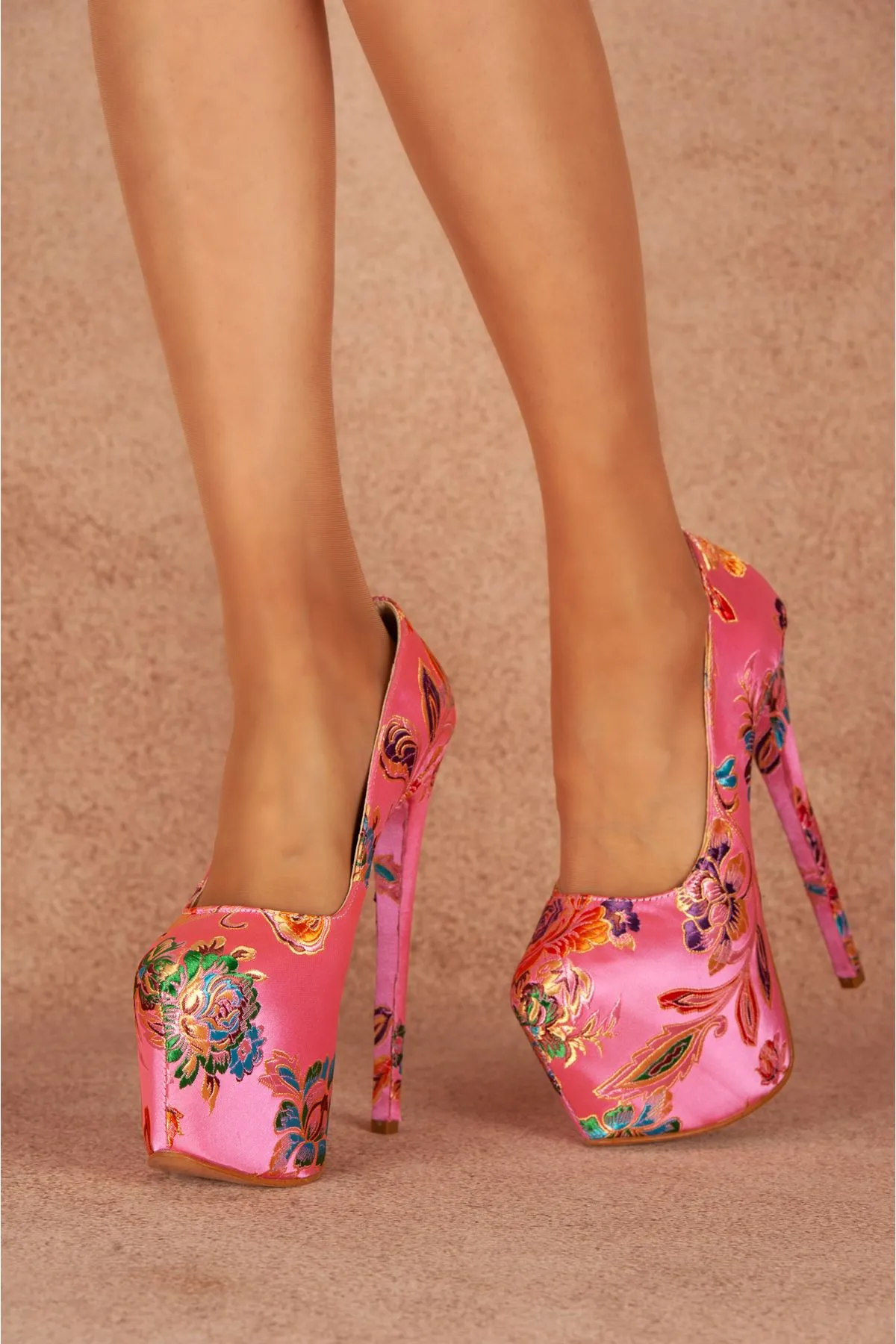 Pink Floral High Heeled Women's Shoes