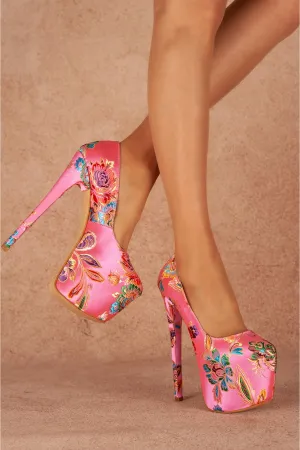 Pink Floral High Heeled Women's Shoes