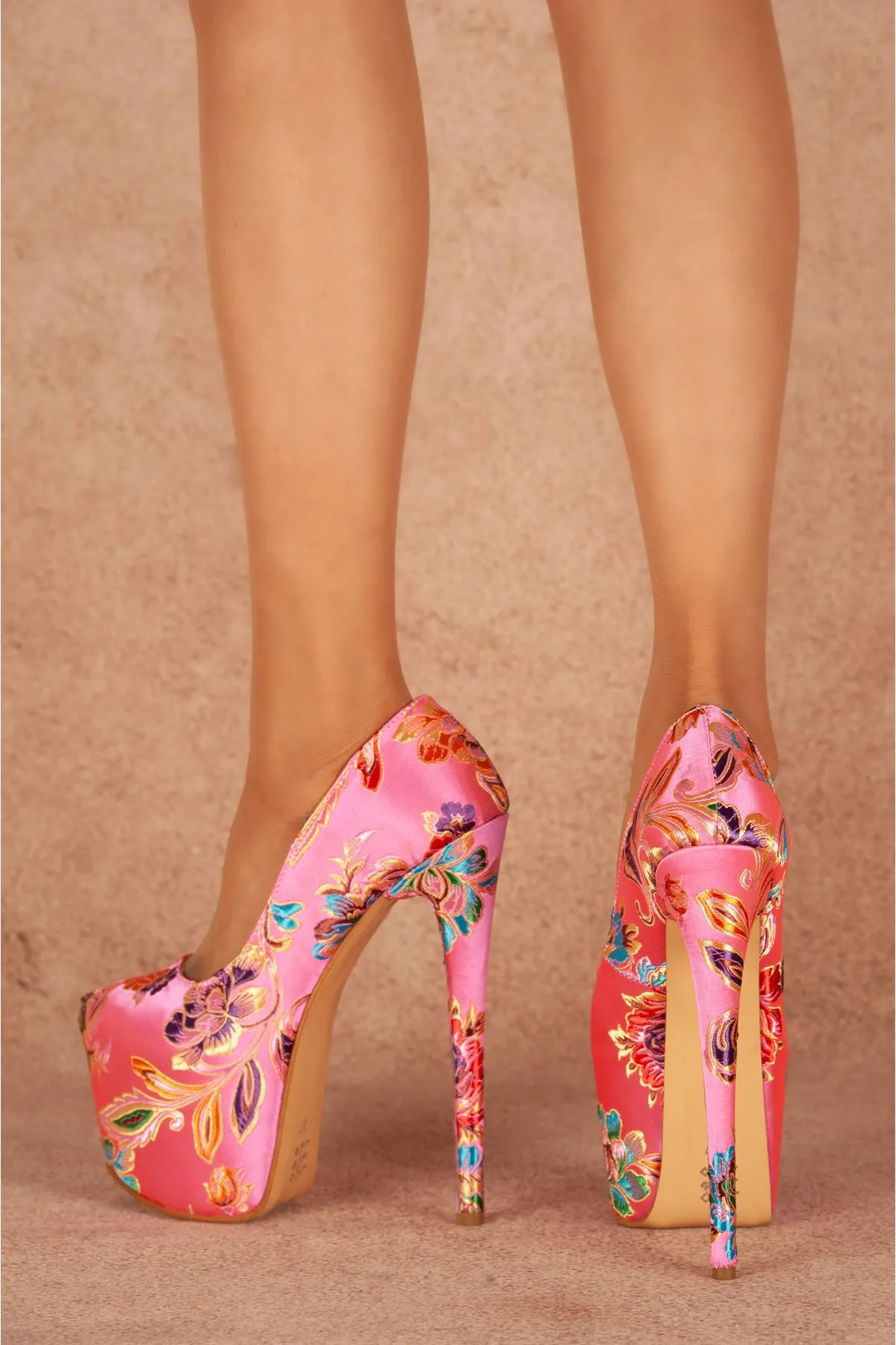 Pink Floral High Heeled Women's Shoes