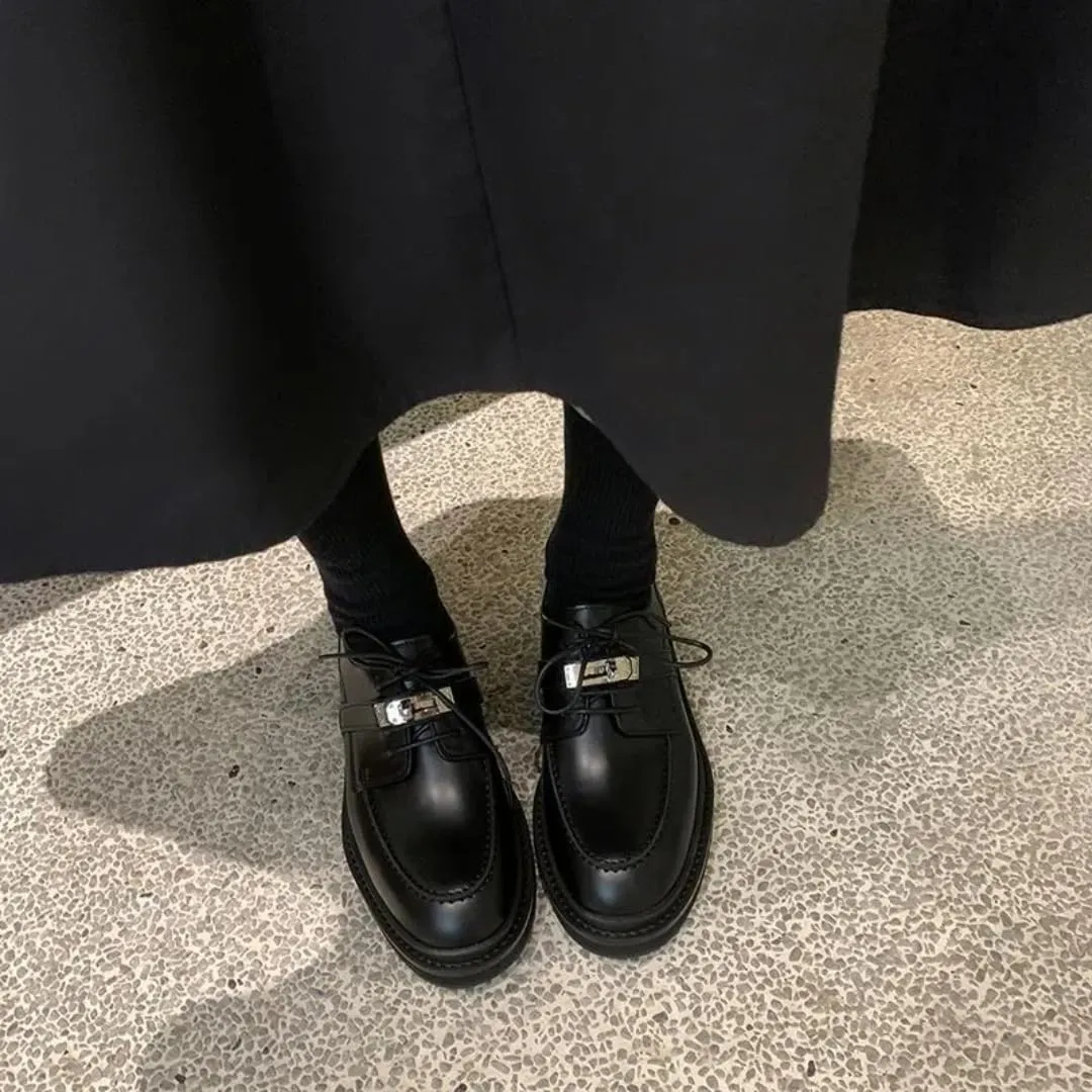Platform Loafers for Women: British-Style,Retro Lace-up Leather Shoes with Buckle Details, Chunky Loafers Casual Fashion Business Work Shoes