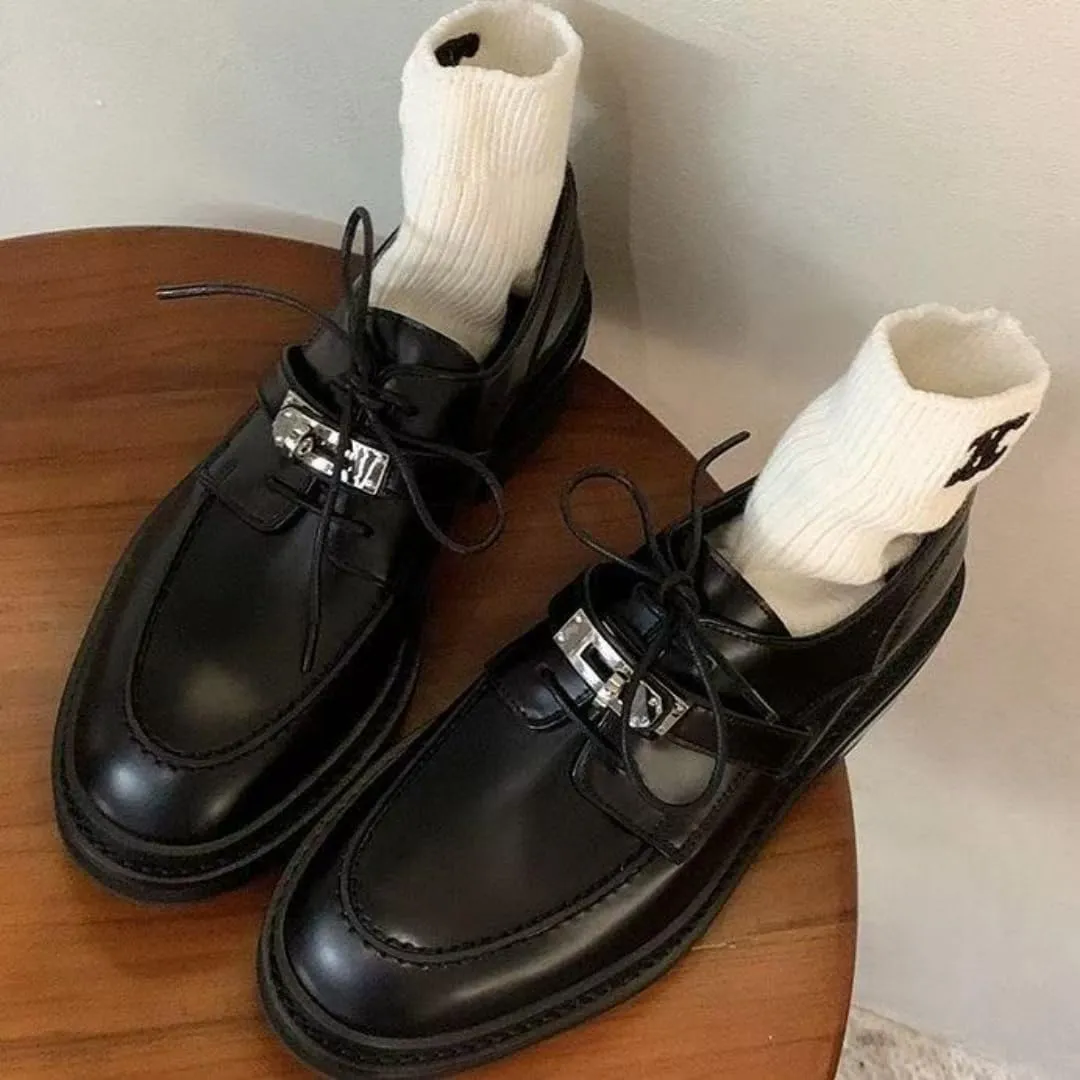 Platform Loafers for Women: British-Style,Retro Lace-up Leather Shoes with Buckle Details, Chunky Loafers Casual Fashion Business Work Shoes