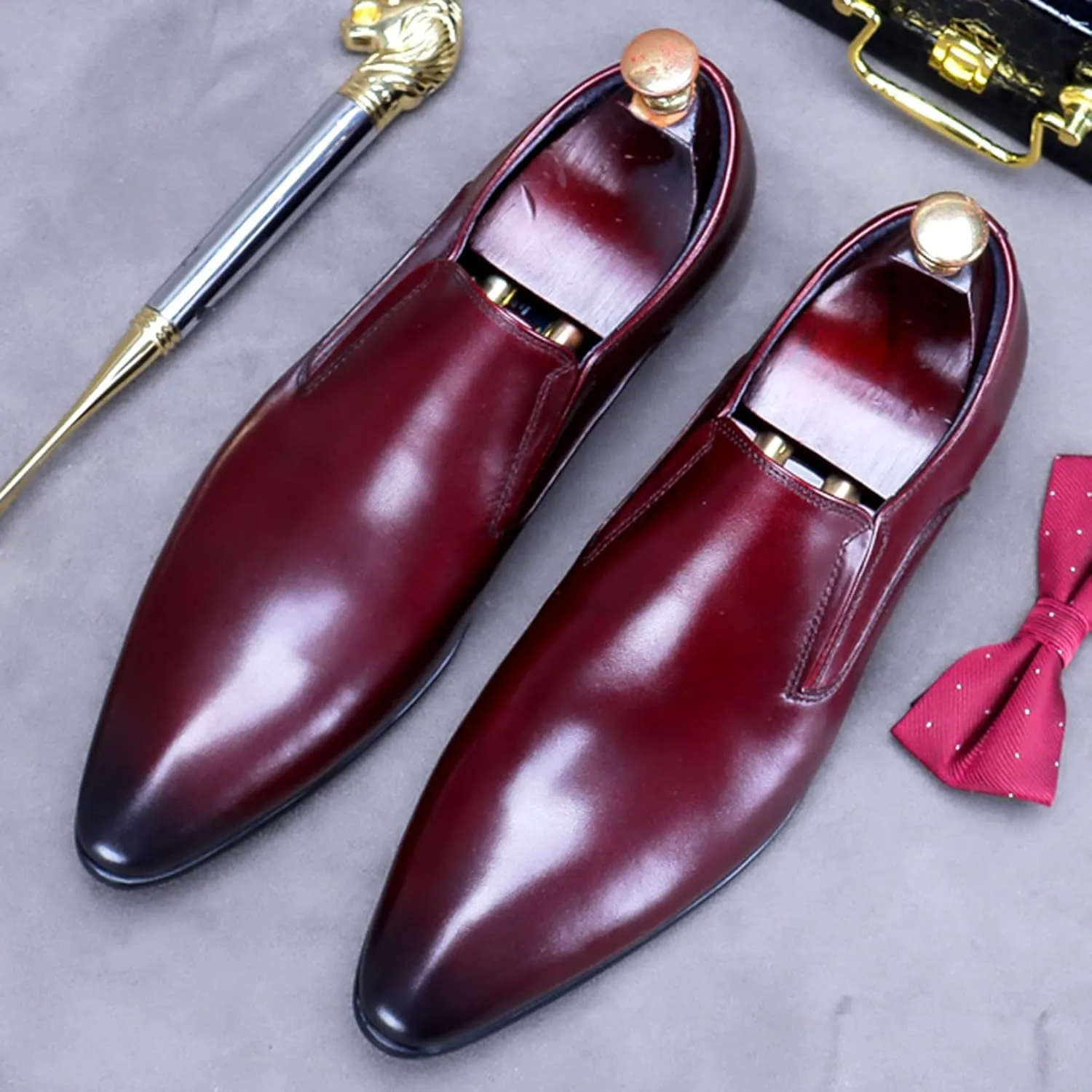 Pointed Toe Genuine Leather Shoes for Men, Slip-on Formal Dress Shoe Driving Shoes Casual Leather Shoes