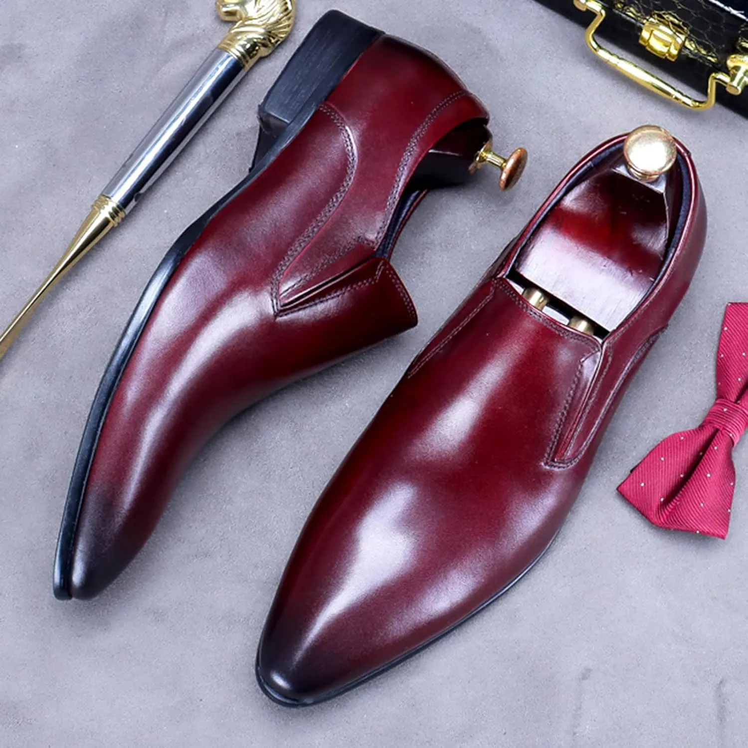 Pointed Toe Genuine Leather Shoes for Men, Slip-on Formal Dress Shoe Driving Shoes Casual Leather Shoes