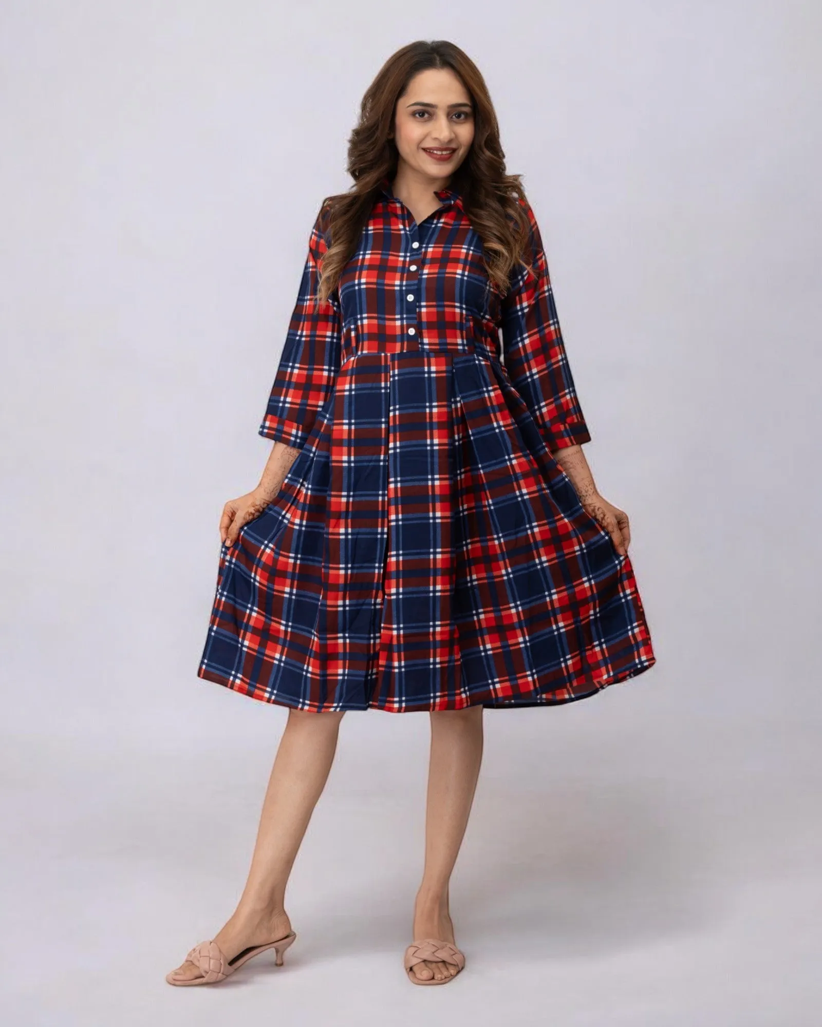 Red Checks Printed Polyester Midi Dress