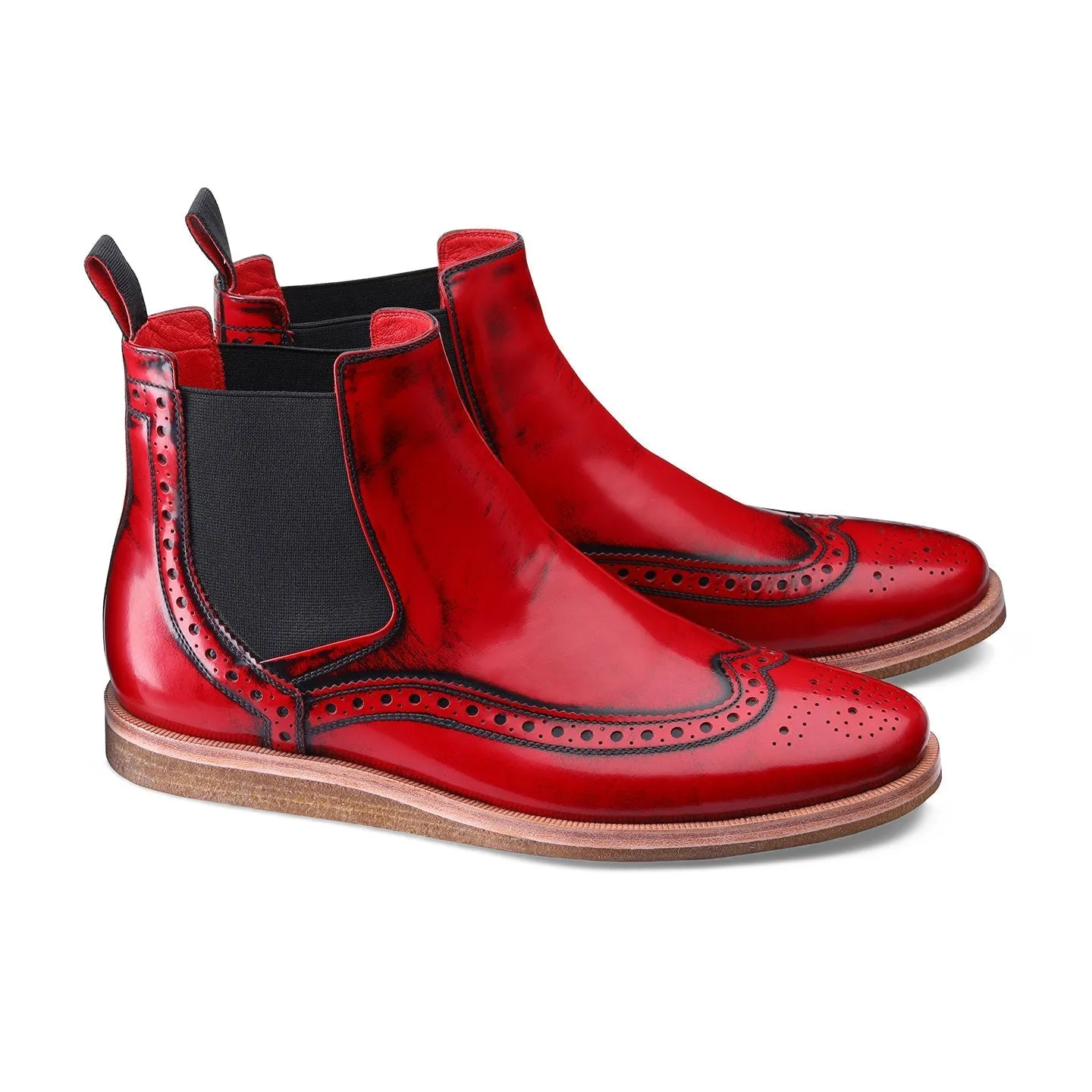 Red Semi-Patent Ankle Boots with Brogue Pattern