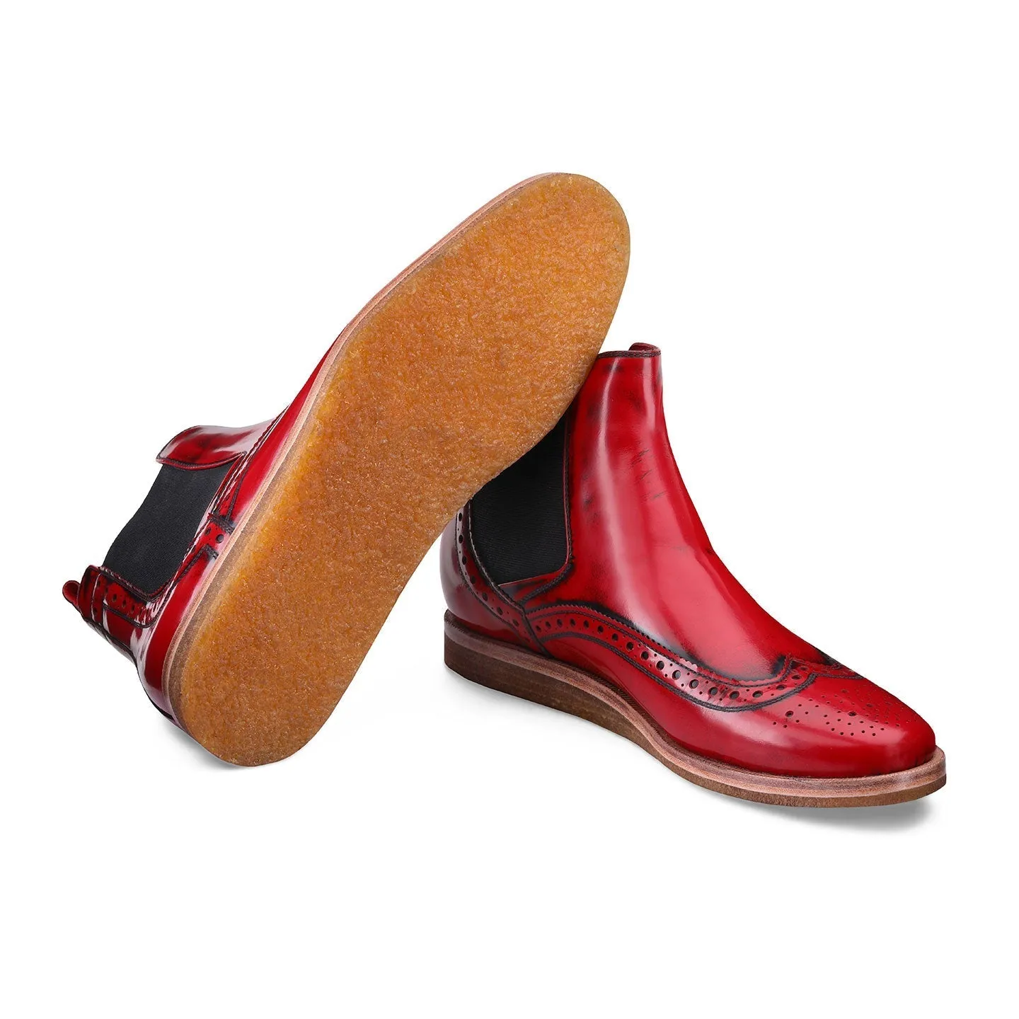 Red Semi-Patent Ankle Boots with Brogue Pattern