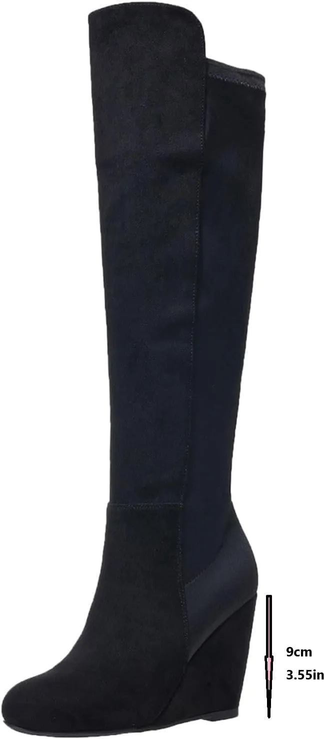 Red Thigh High Boots for Women Suede, Suede Wedge Heel Long Stretch Boots,Sexy Fashion Black Higher Shaft Boots