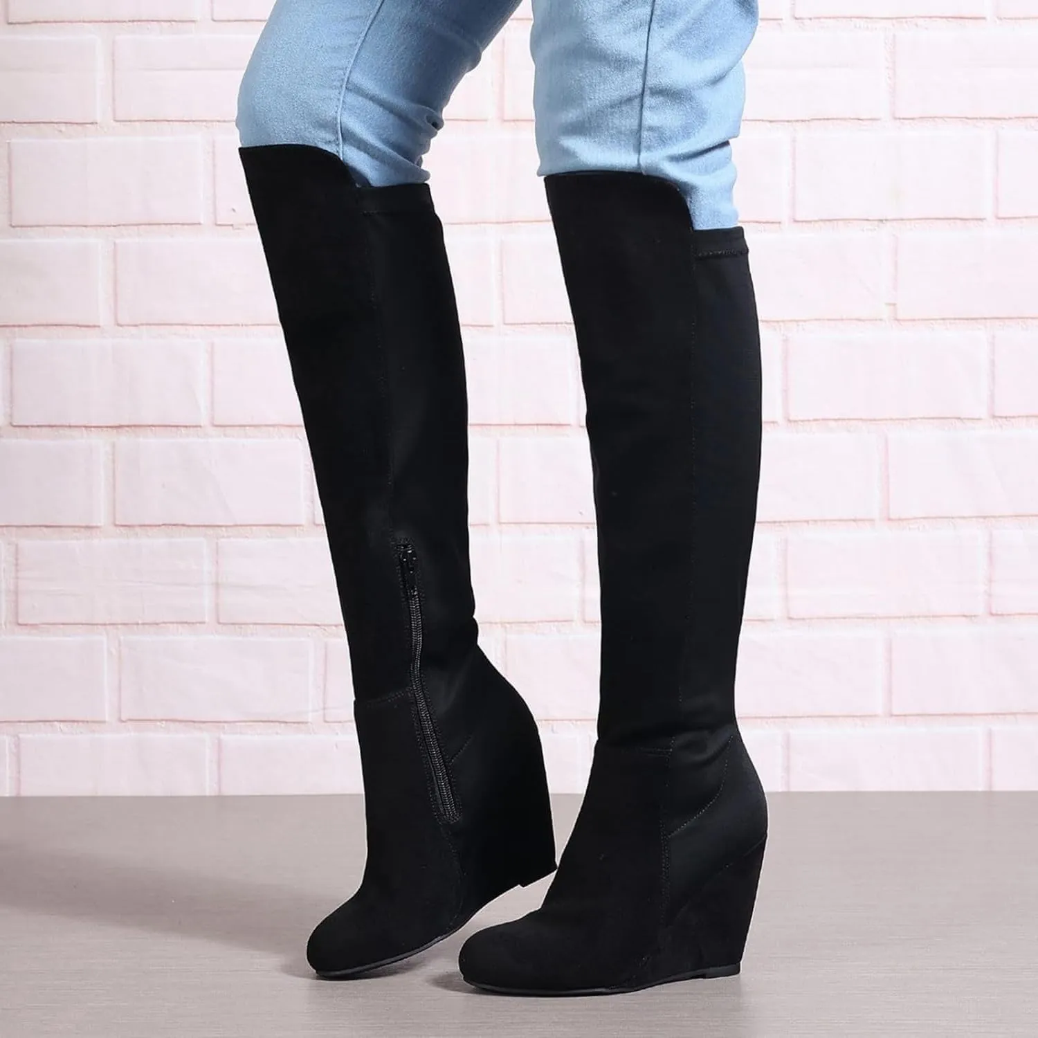 Red Thigh High Boots for Women Suede, Suede Wedge Heel Long Stretch Boots,Sexy Fashion Black Higher Shaft Boots