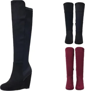 Red Thigh High Boots for Women Suede, Suede Wedge Heel Long Stretch Boots,Sexy Fashion Black Higher Shaft Boots