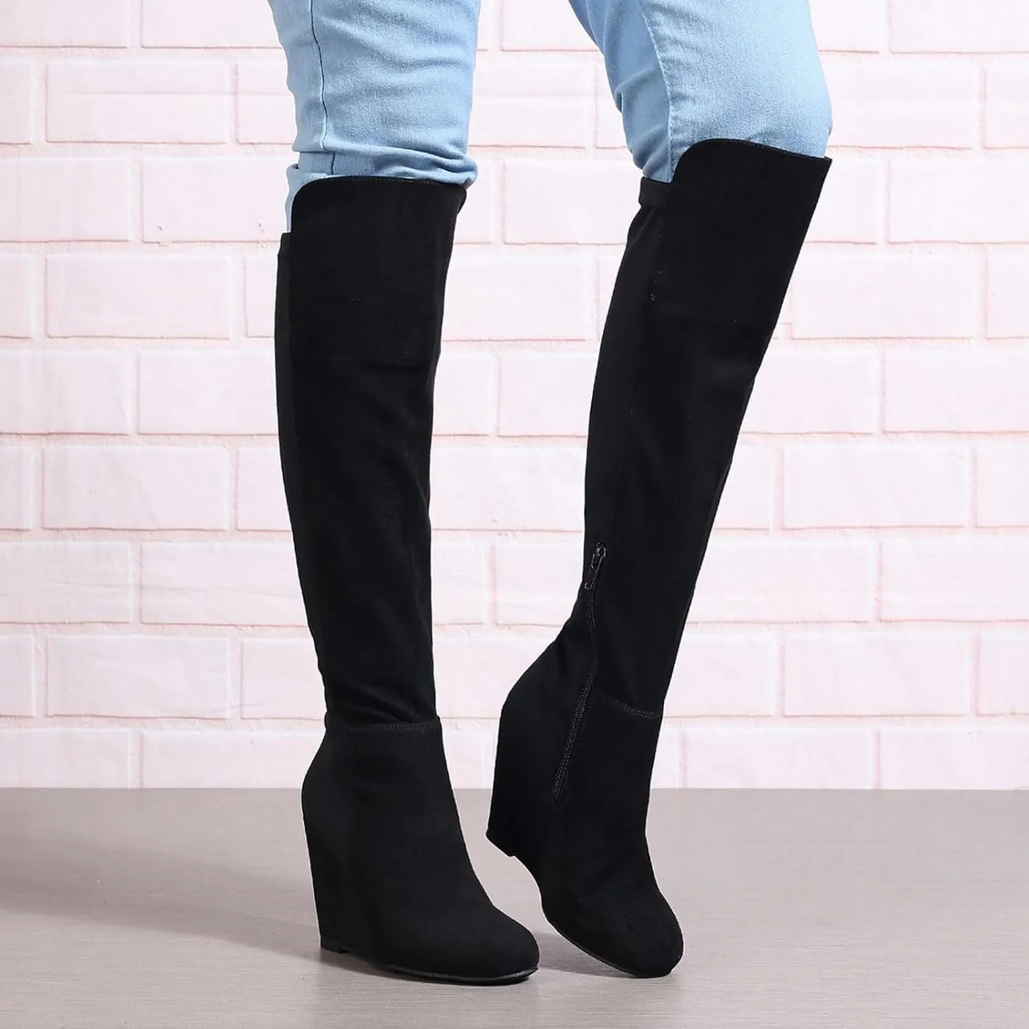 Red Thigh High Boots for Women Suede, Suede Wedge Heel Long Stretch Boots,Sexy Fashion Black Higher Shaft Boots
