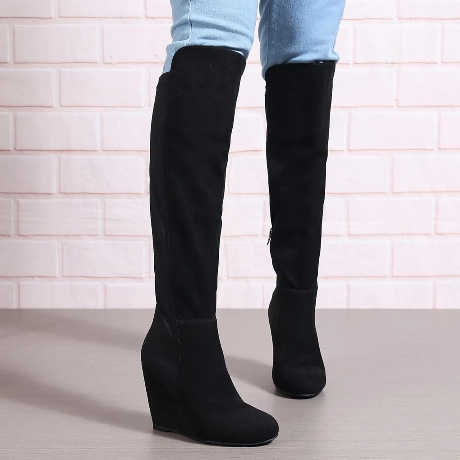 Red Thigh High Boots for Women Suede, Suede Wedge Heel Long Stretch Boots,Sexy Fashion Black Higher Shaft Boots