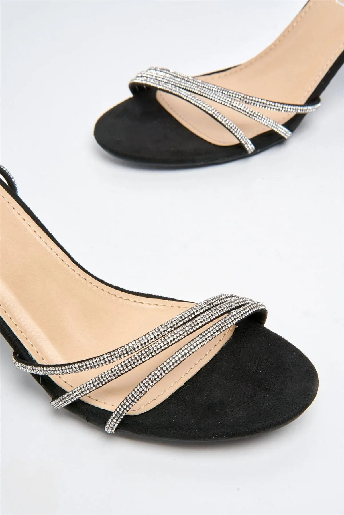 Roma Diamante Detailed Strap Block Heels in Black