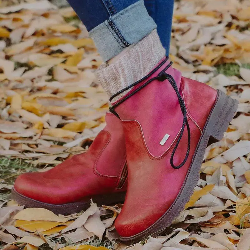Round toe women's leather boots with side zipper, thick heel, warm Martin boots, low-heeled plus size women's boots