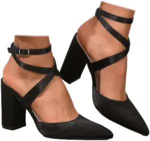 SACFOF Women's Closed Pointed Toe Crisscross High Chunky Heels Pumps Ankle Strap Dress Shoes for Wedding Office Party