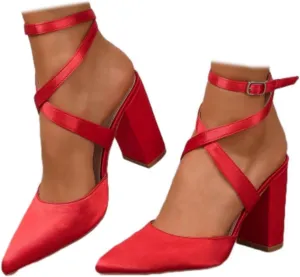 SACFOF Women's Closed Pointed Toe Crisscross High Chunky Heels Pumps Ankle Strap Dress Shoes for Wedding Office Party