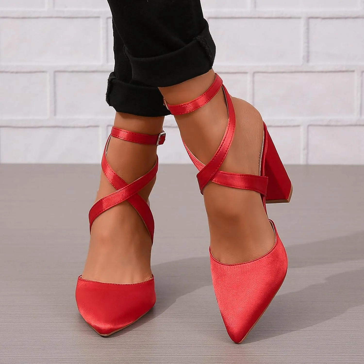 SACFOF Women's Closed Pointed Toe Crisscross High Chunky Heels Pumps Ankle Strap Dress Shoes for Wedding Office Party