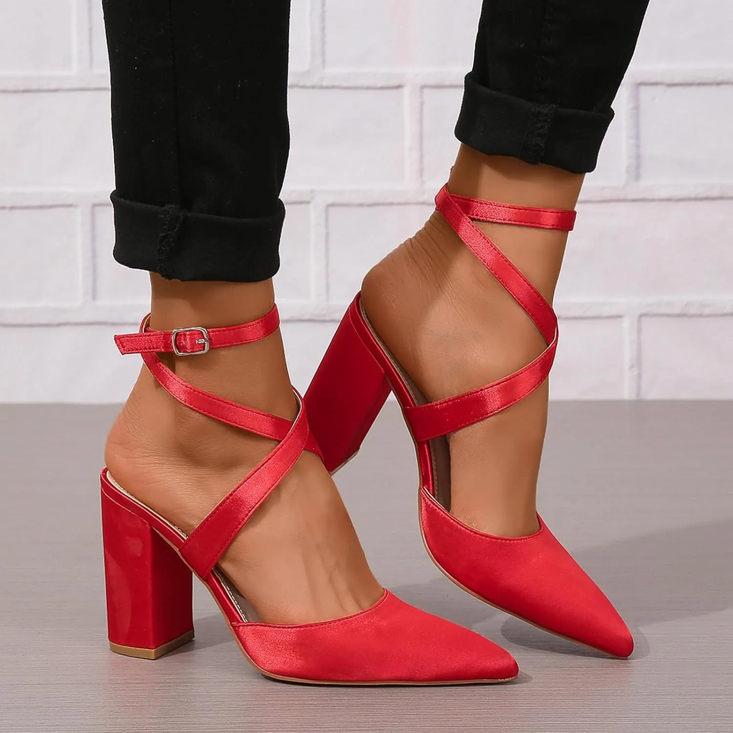 SACFOF Women's Closed Pointed Toe Crisscross High Chunky Heels Pumps Ankle Strap Dress Shoes for Wedding Office Party