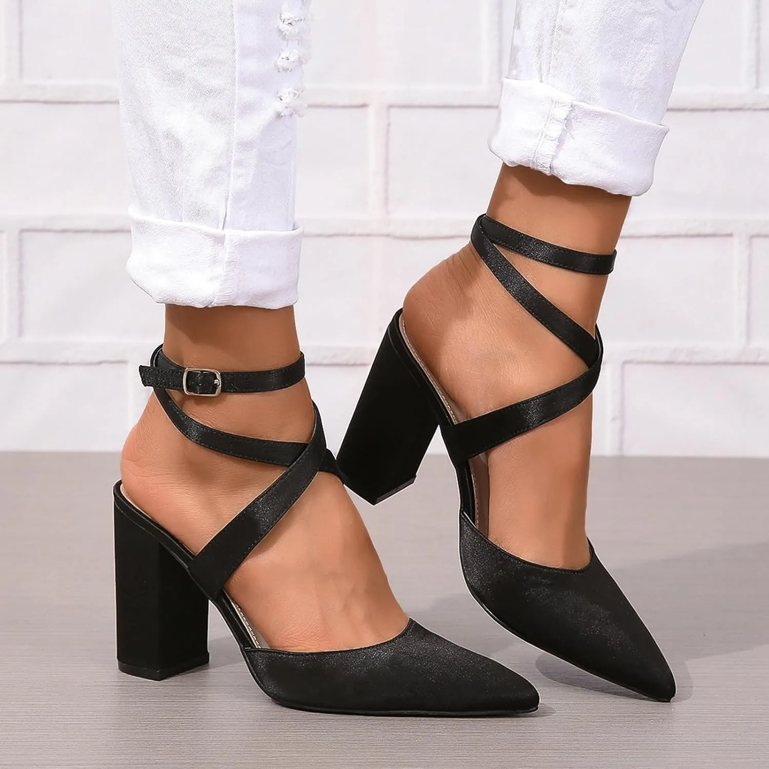 SACFOF Women's Closed Pointed Toe Crisscross High Chunky Heels Pumps Ankle Strap Dress Shoes for Wedding Office Party