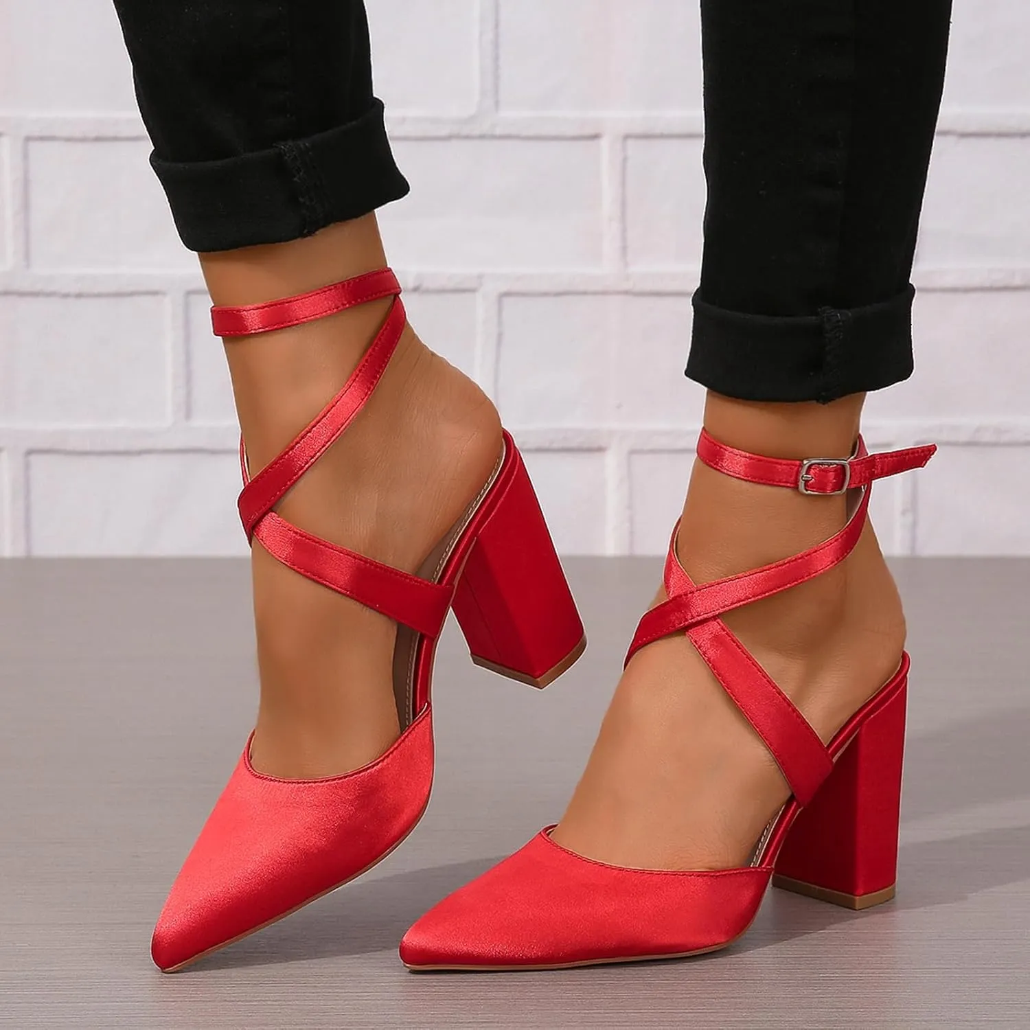 SACFOF Women's Closed Pointed Toe Crisscross High Chunky Heels Pumps Ankle Strap Dress Shoes for Wedding Office Party