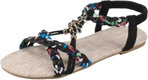 Sandals for Women 2025 Open Toe Jeweled Flat Sandals Summer Casual Bohemian Beach Sandal Weave Lightweight Shoes