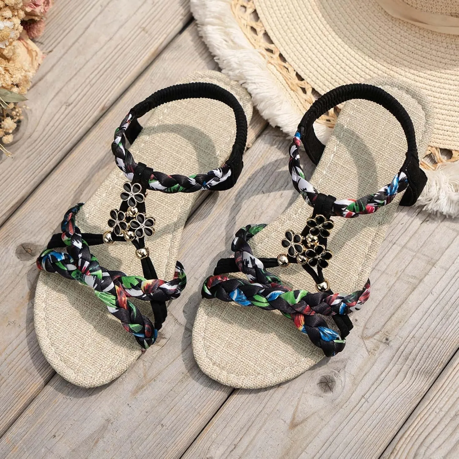 Sandals for Women 2025 Open Toe Jeweled Flat Sandals Summer Casual Bohemian Beach Sandal Weave Lightweight Shoes