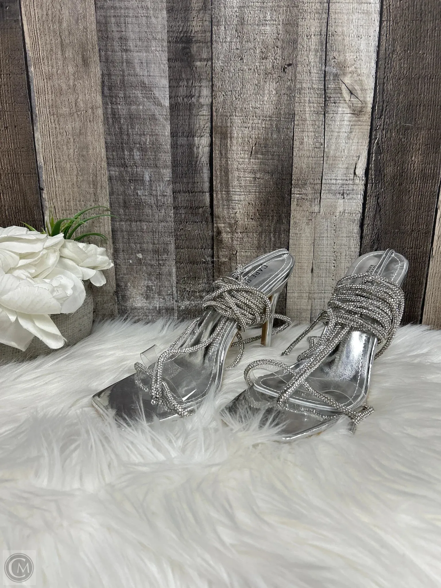 Sandals Heels Stiletto By Cme In Silver, Size: 7.5