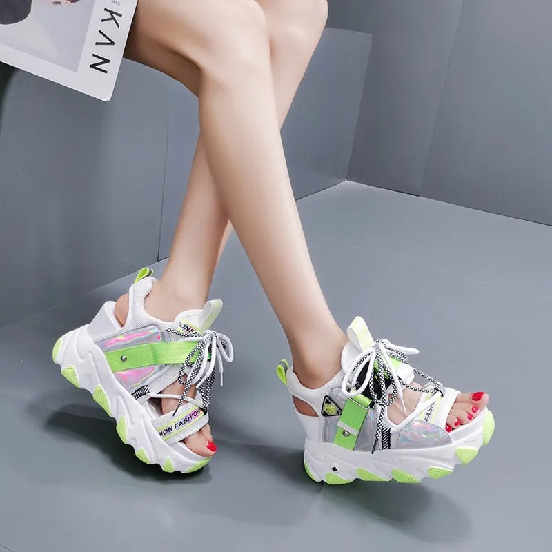 Sandals Lace Up White Sandals Women High Heels Wedges Casual