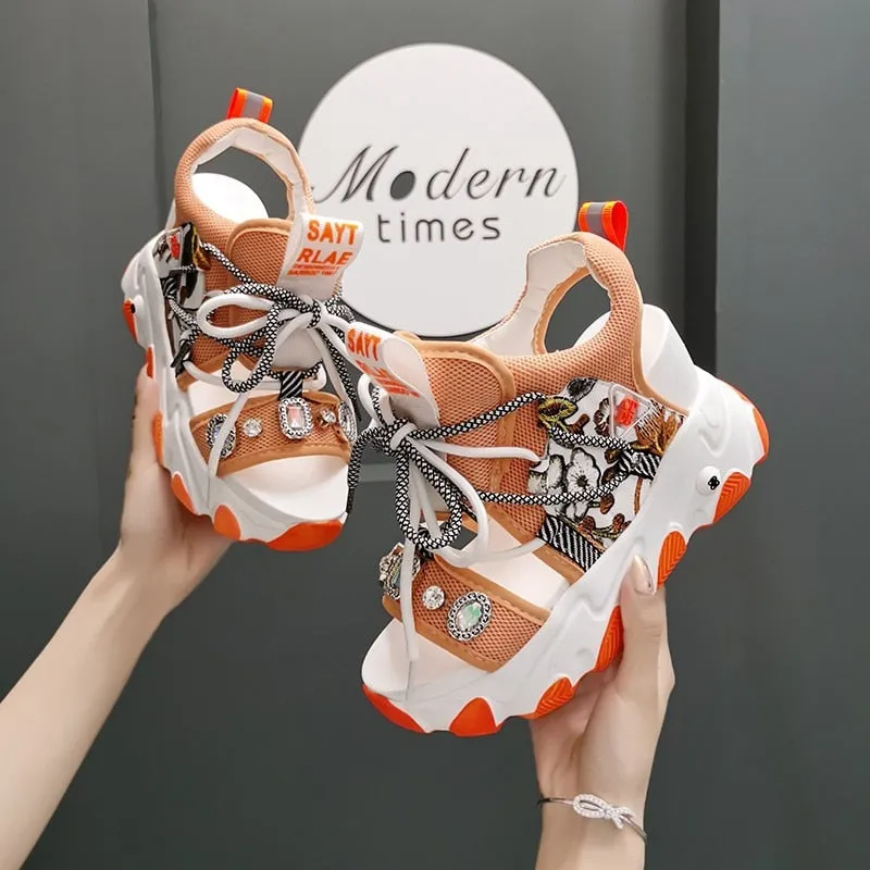 Sandals Lace Up White Sandals Women High Heels Wedges Casual
