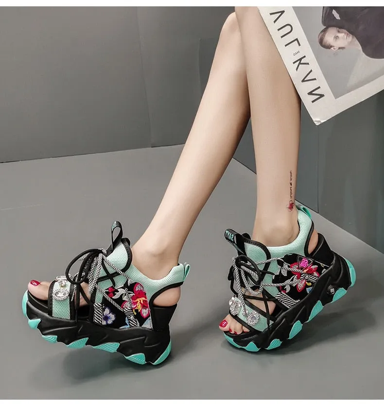 Sandals Lace Up White Sandals Women High Heels Wedges Casual
