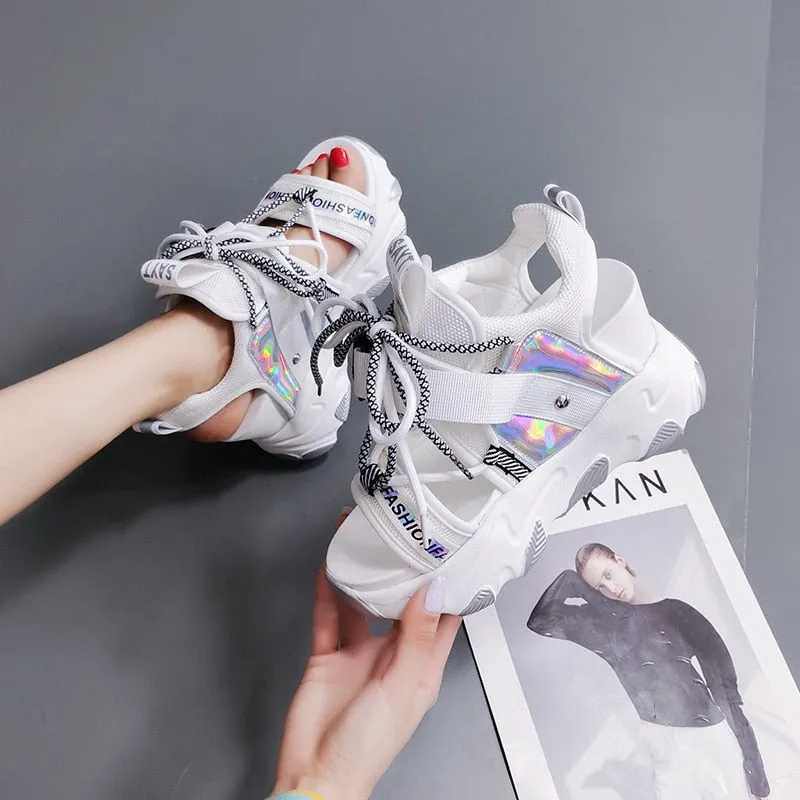 Sandals Lace Up White Sandals Women High Heels Wedges Casual