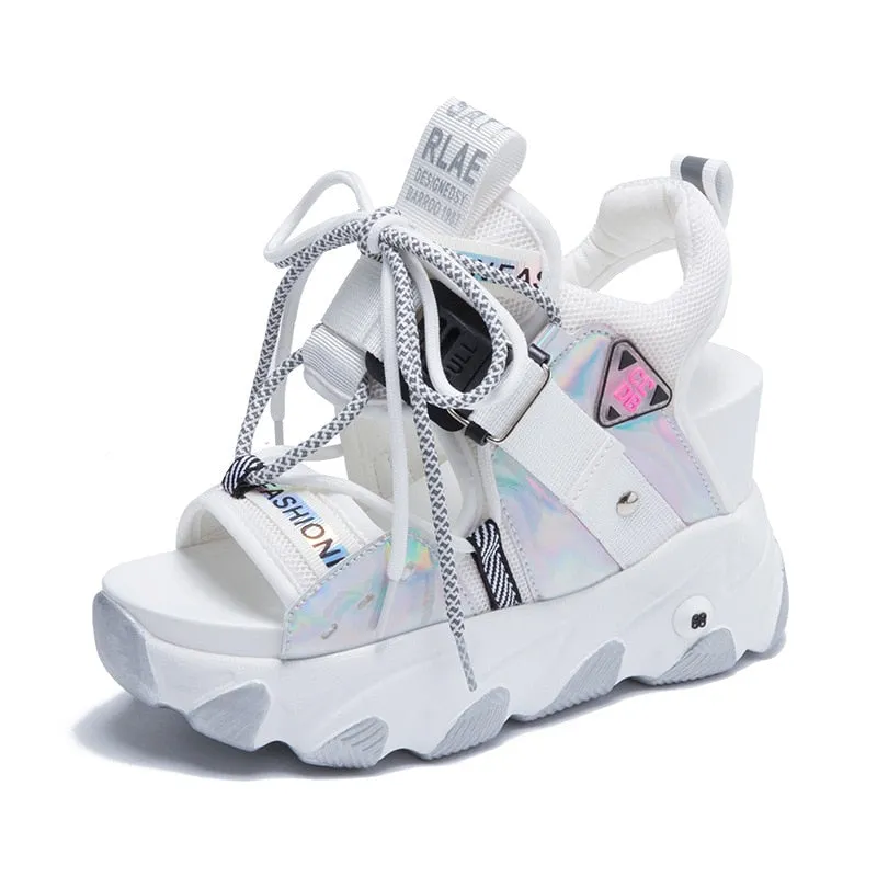Sandals Lace Up White Sandals Women High Heels Wedges Casual