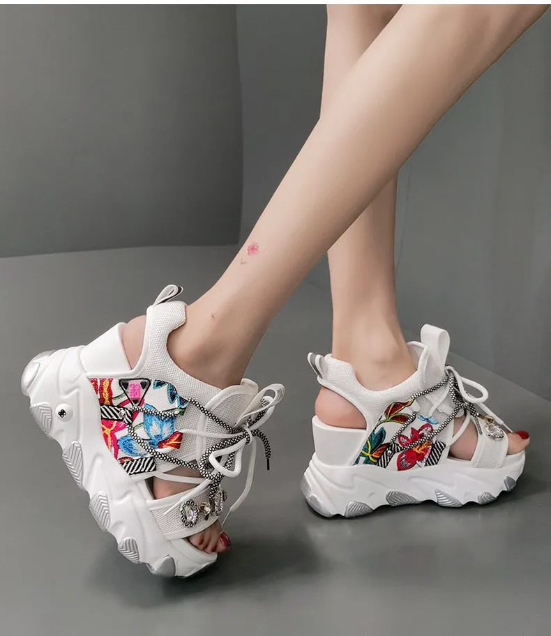 Sandals Lace Up White Sandals Women High Heels Wedges Casual