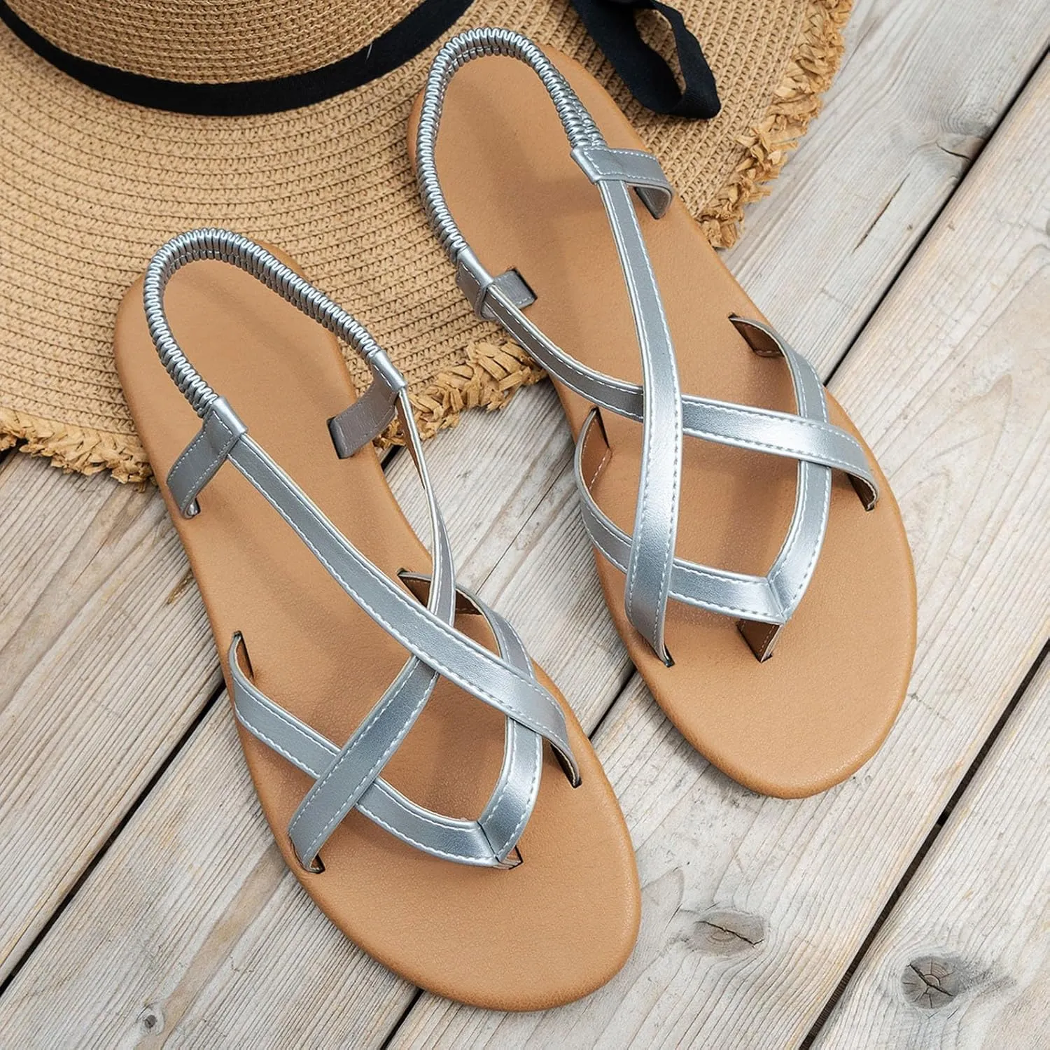 Sandals Womens Flat Sandals Strappy Dressy Comfortable Ankle Elastic Summer Thong Sandals for Beach