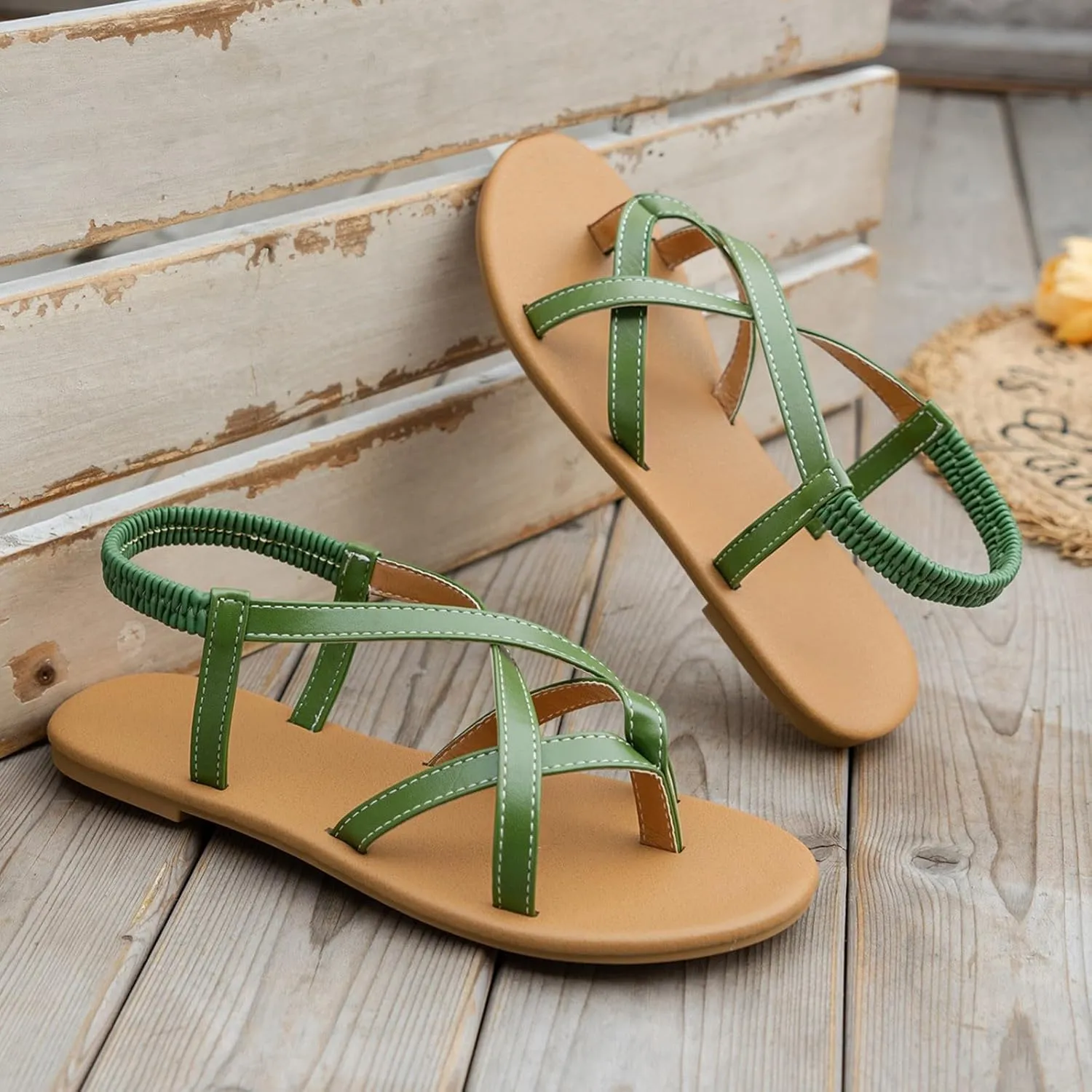 Sandals Womens Flat Sandals Strappy Dressy Comfortable Ankle Elastic Summer Thong Sandals for Beach