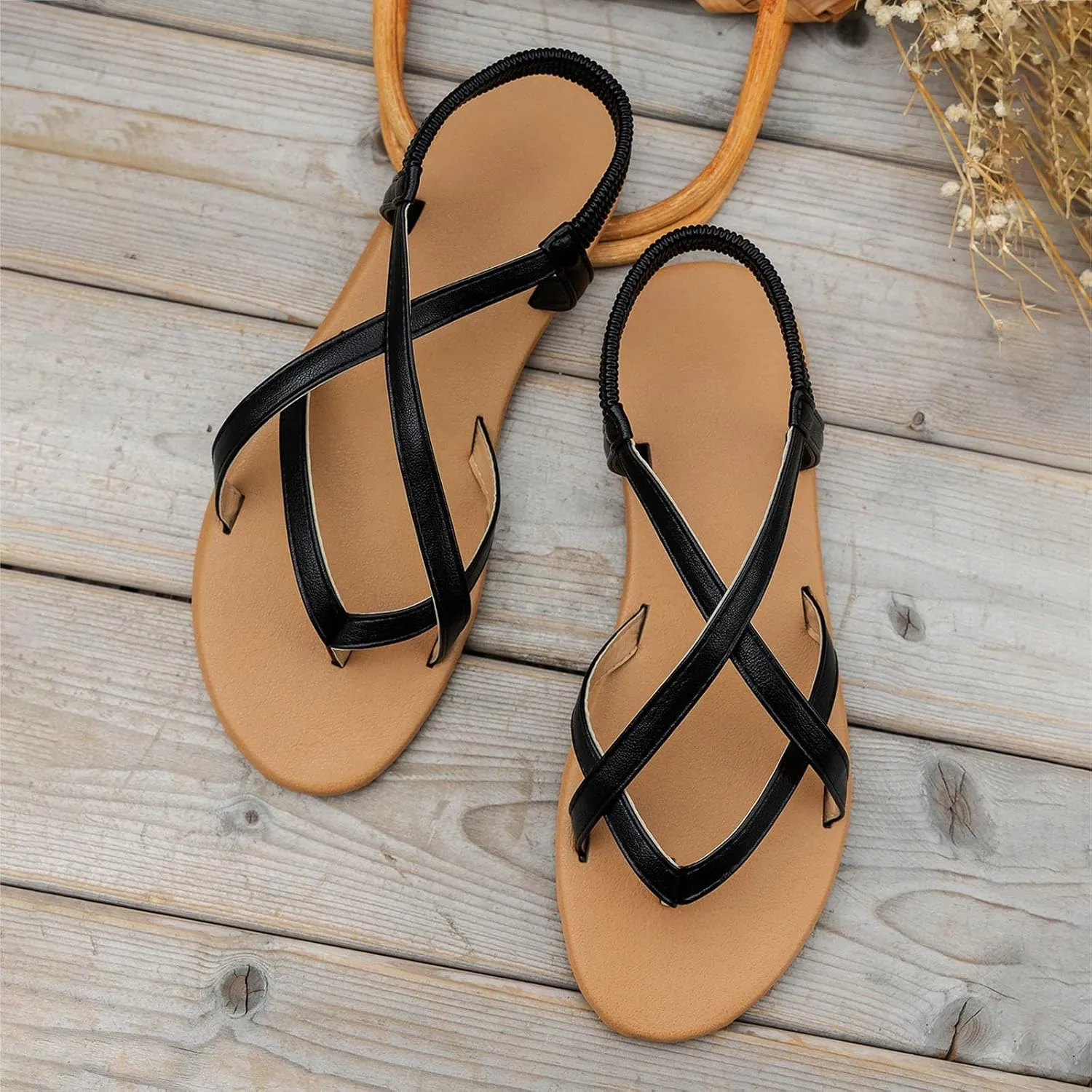 Sandals Womens Flat Sandals Strappy Dressy Comfortable Ankle Elastic Summer Thong Sandals for Beach