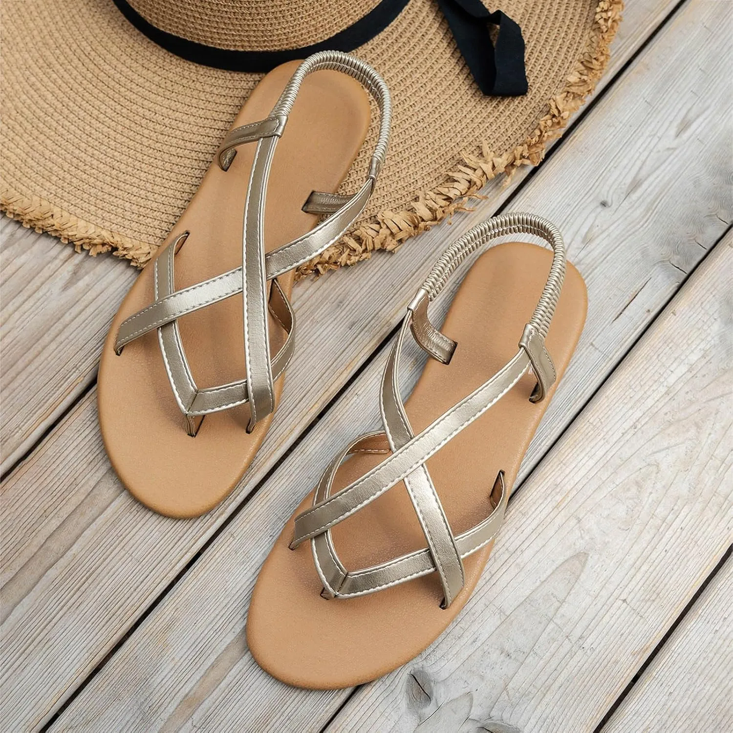 Sandals Womens Flat Sandals Strappy Dressy Comfortable Ankle Elastic Summer Thong Sandals for Beach