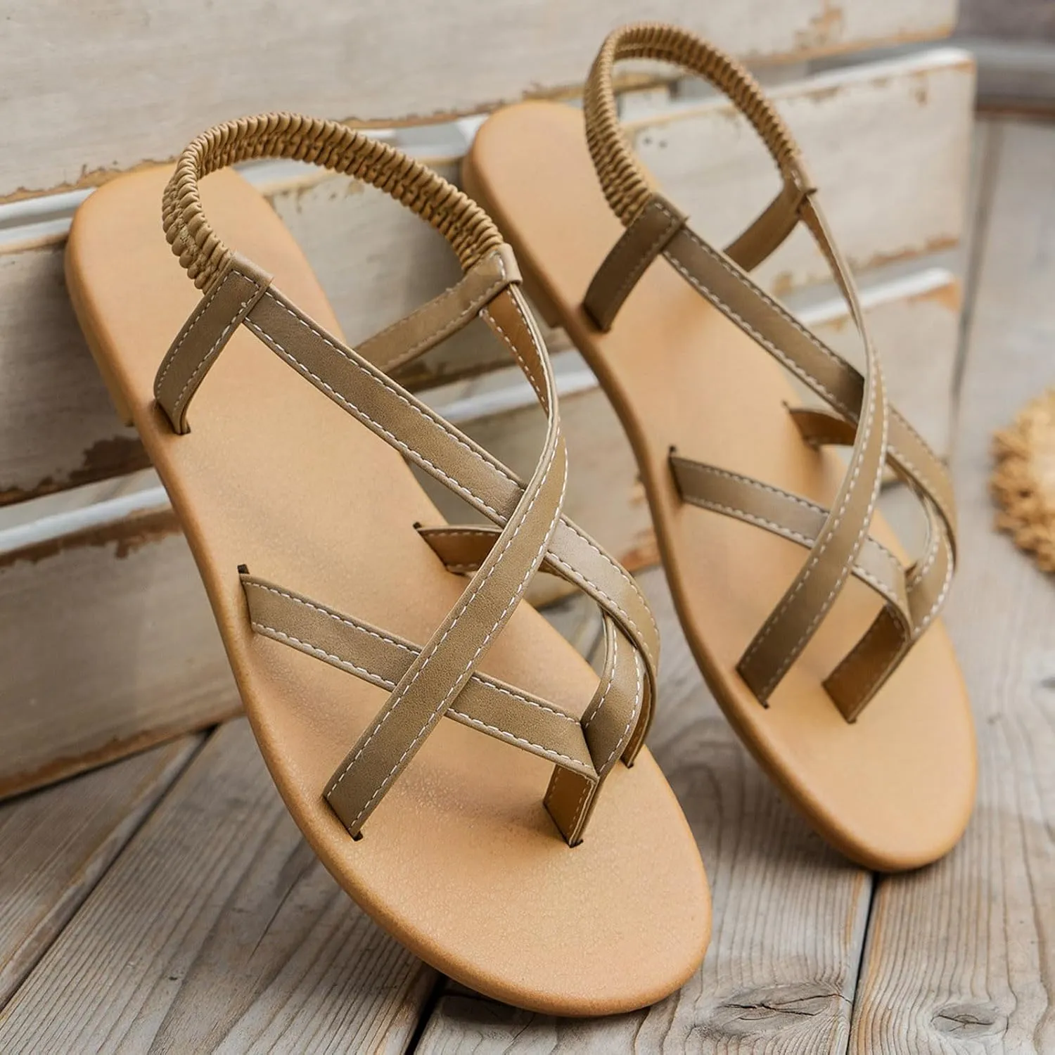 Sandals Womens Flat Sandals Strappy Dressy Comfortable Ankle Elastic Summer Thong Sandals for Beach