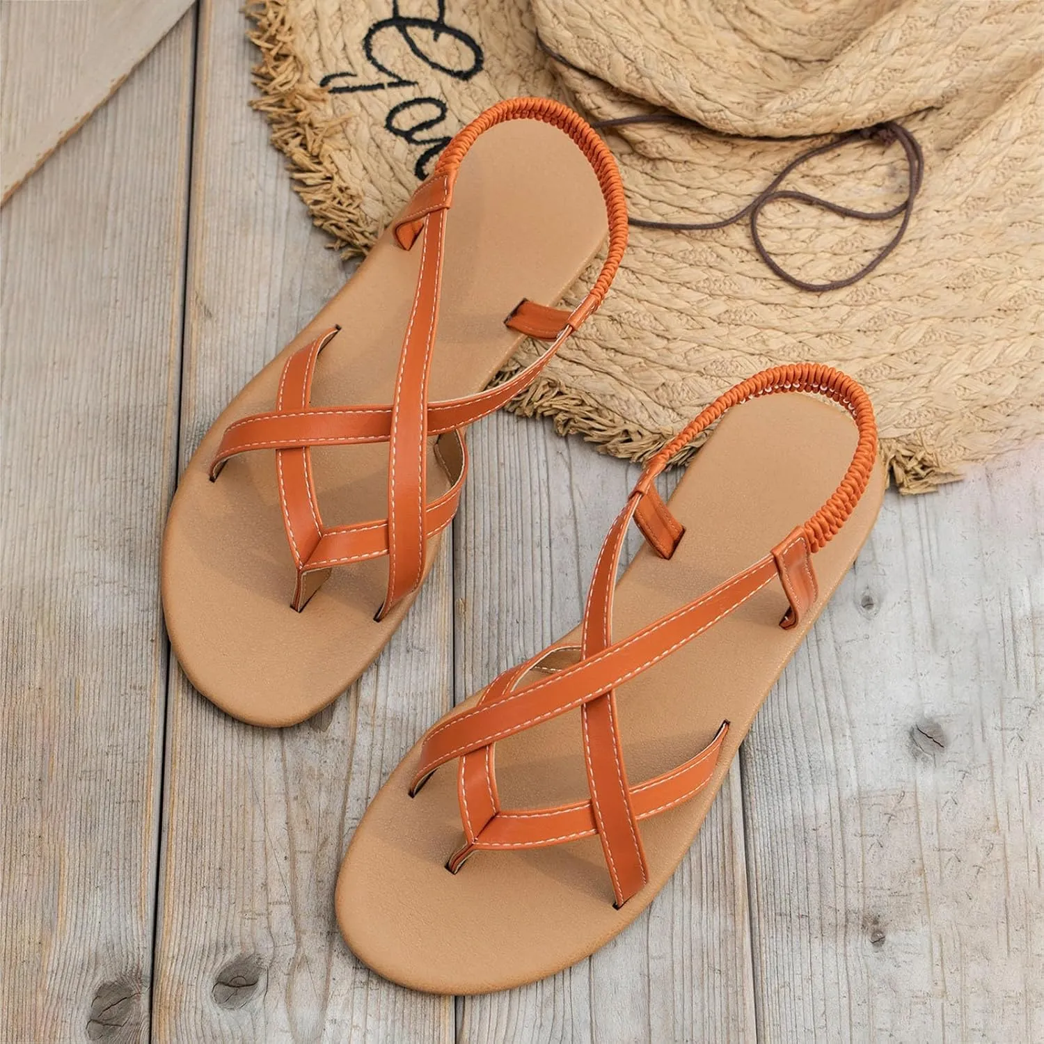 Sandals Womens Flat Sandals Strappy Dressy Comfortable Ankle Elastic Summer Thong Sandals for Beach