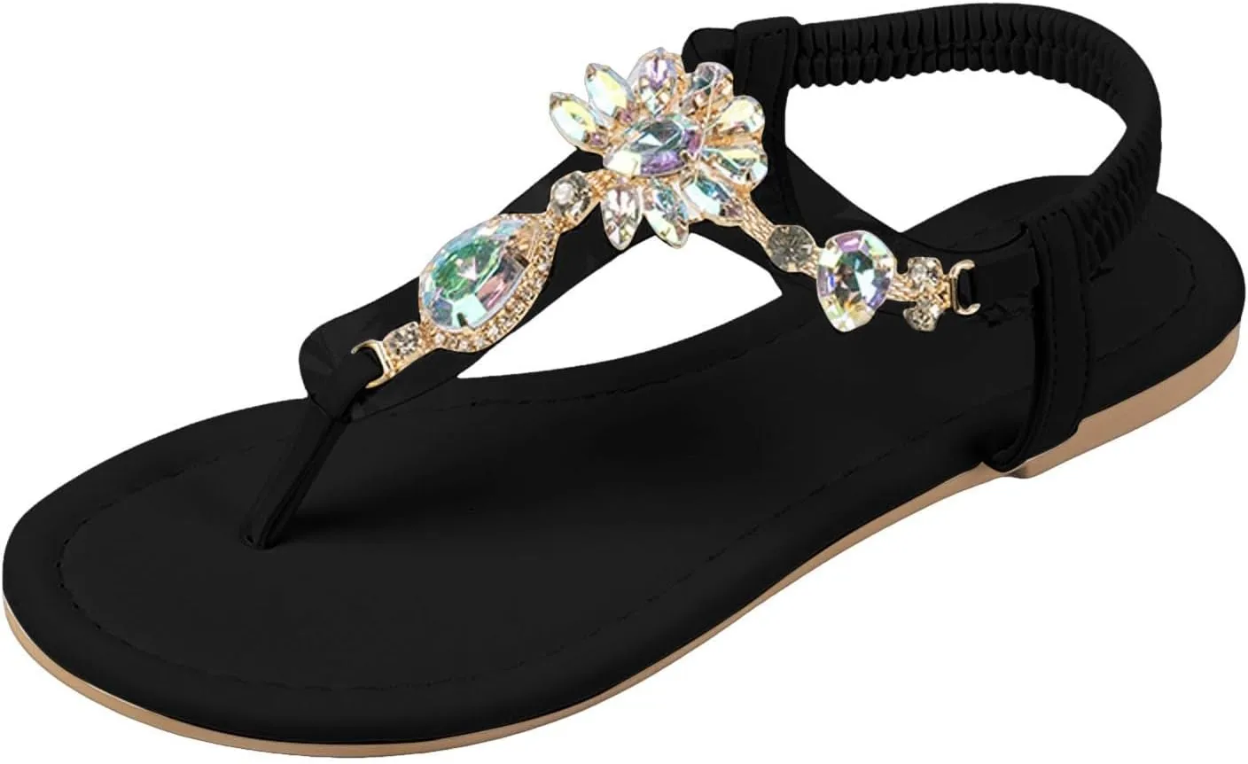 Sandals Womens Flip Flops Dress Beach Dressy Rhinestone T-Strap Thong Sandals for Summers with Ankle Strap