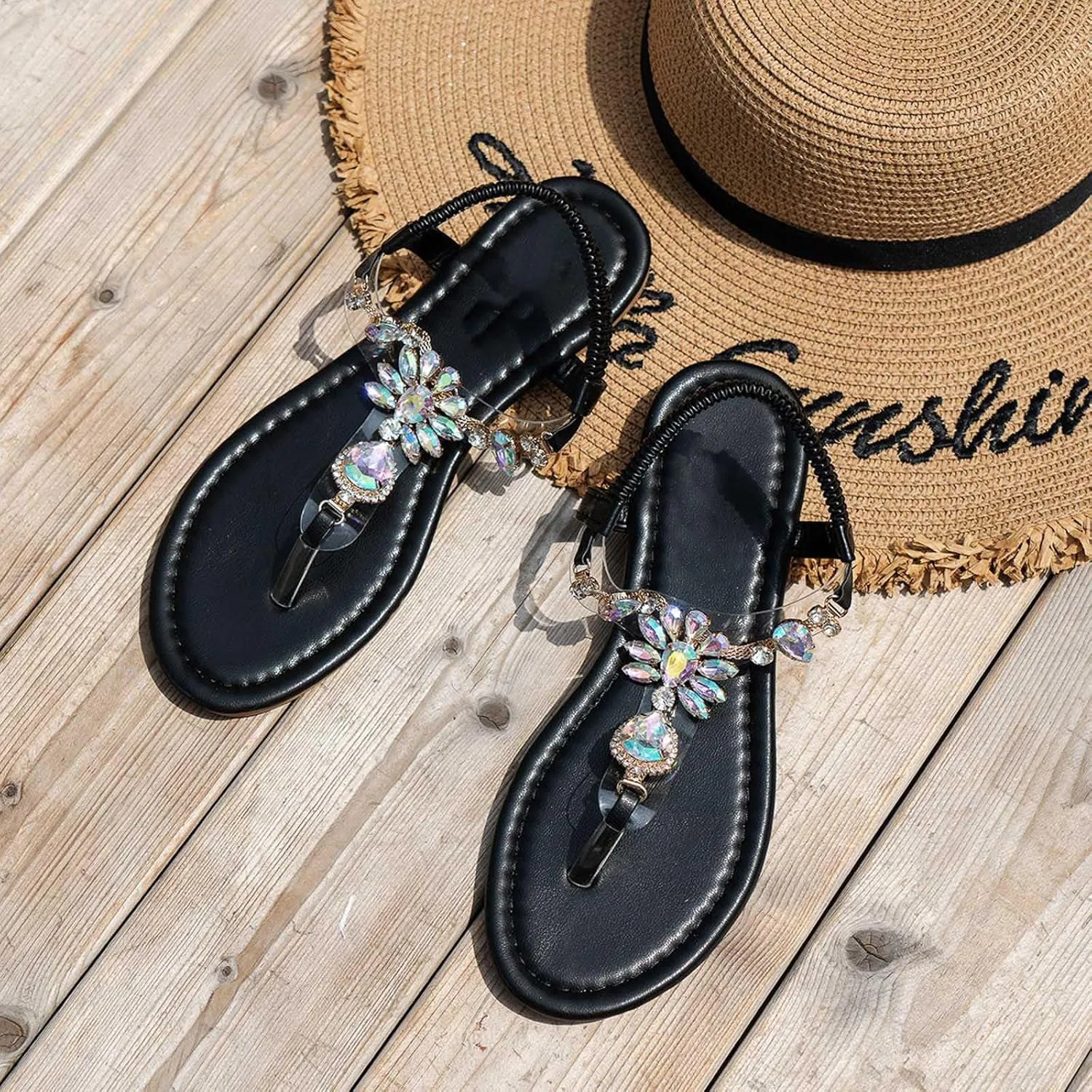 Sandals Womens Flip Flops Dress Beach Dressy Rhinestone T-Strap Thong Sandals for Summers with Ankle Strap