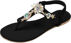 Sandals Womens Flip Flops Dress Beach Dressy Rhinestone T-Strap Thong Sandals for Summers with Ankle Strap